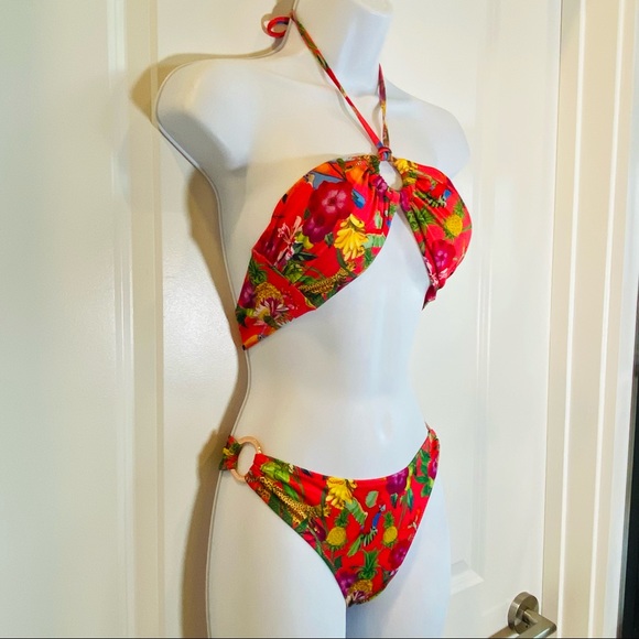 Hot Coral Pink Tropical Print 2 pc Bathing Suit 8 - Picture 2 of 14